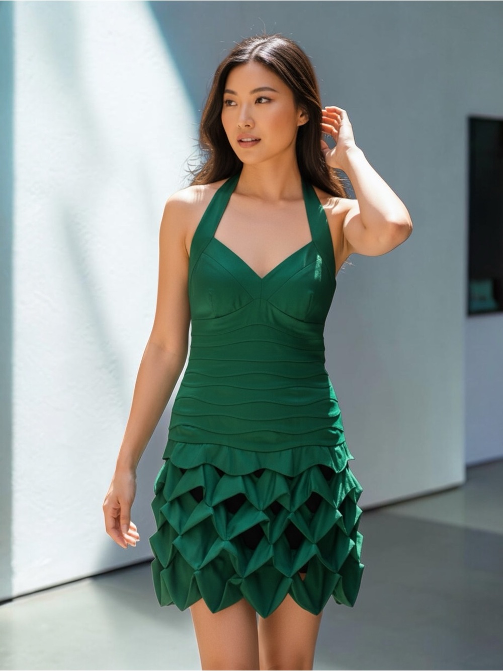 Karen Millen Emerald‎ Green Silk Halter Ruffle Hem Cocktail Dress US 6